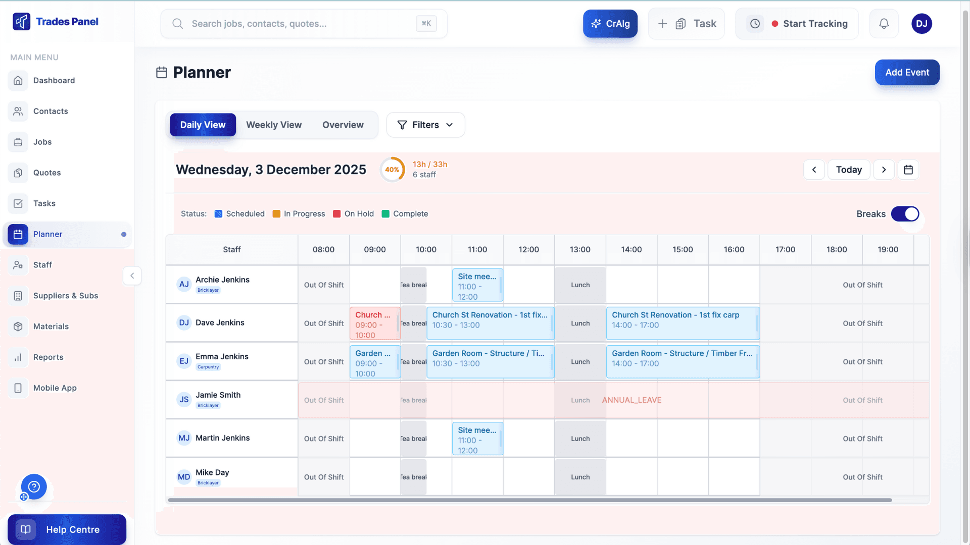 Trades Panel scheduling view for landscaping crews